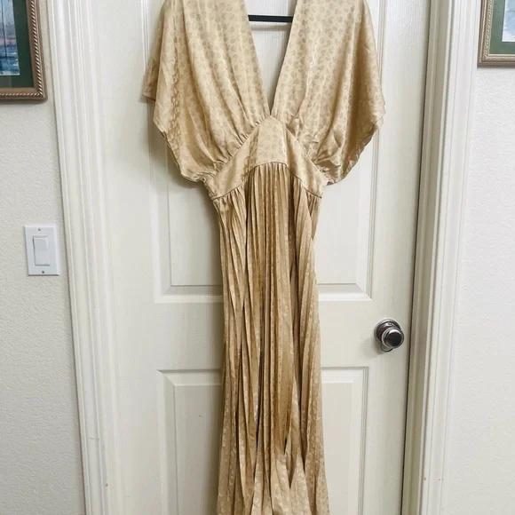 Golden Gatherings Pleated Satin Maxi Dress Size Large - Picture 6 of 10